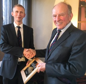 Gerry Taggart hands the plaque to Major Jack Crossley, Officer Commanding 9th Parachute Squadron RE. He was very thrilled to receive it and promised that it will take pride of place.