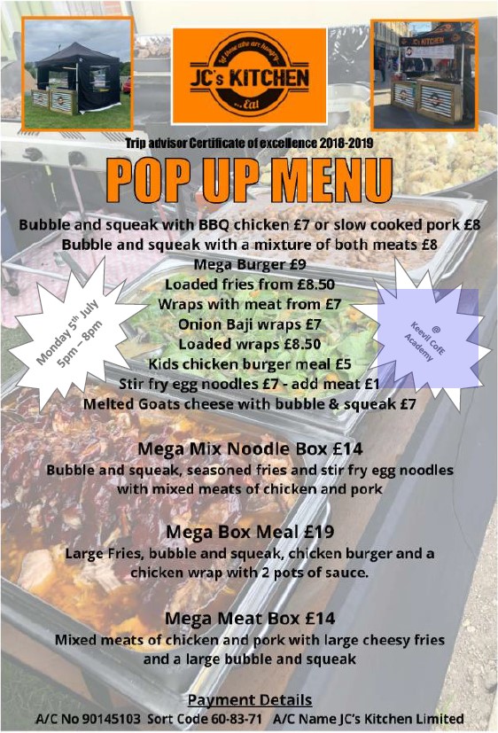 Pop Up Menu for takeaway outside Keevil School 5-8pm on 5th July 2021